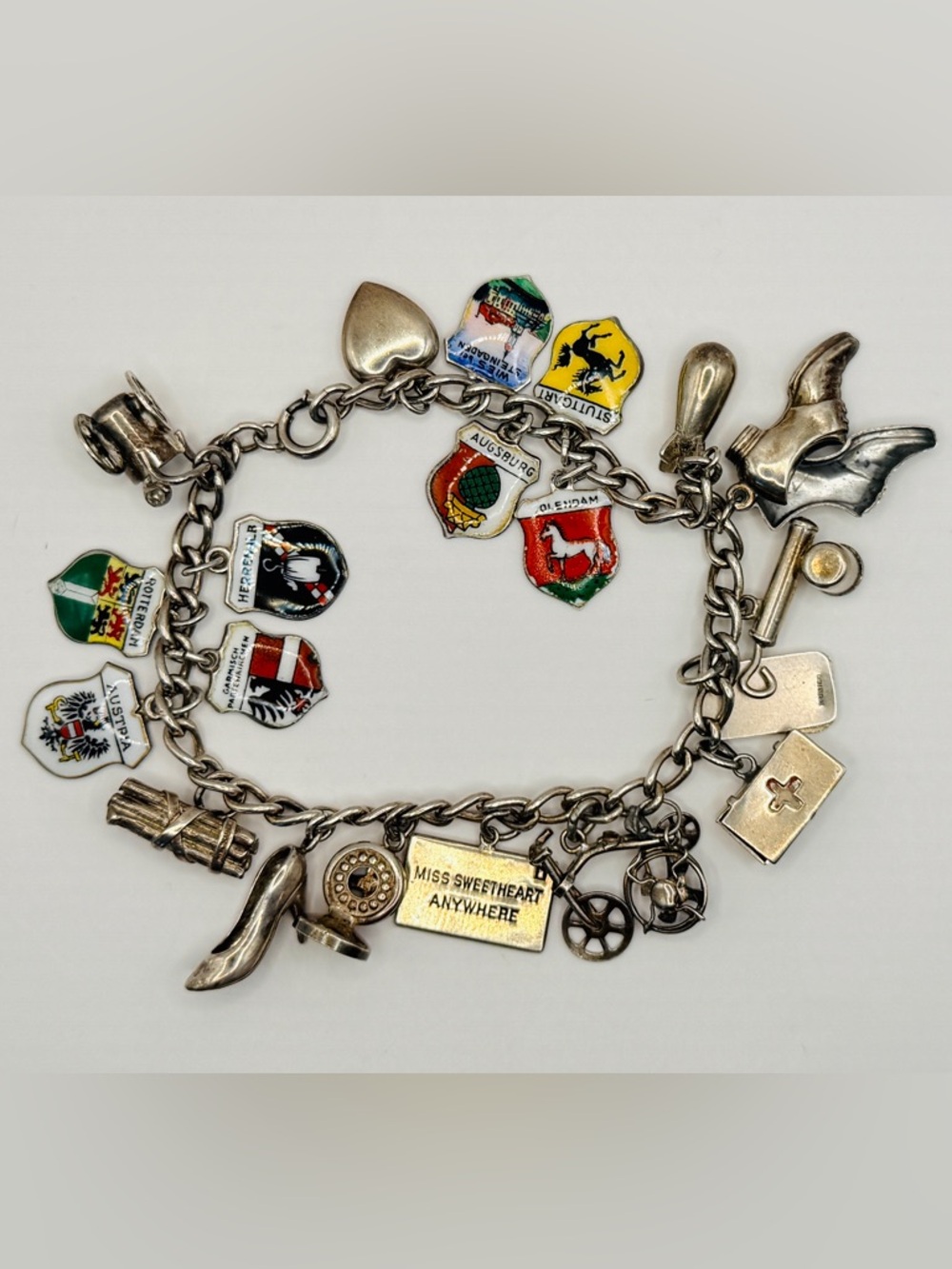 Vintage-Antique Silver Charm Bracelet WW2 Sweetheart Travel Enamel Shields Retro